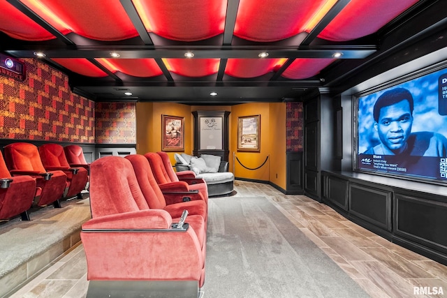 4901 Wildcat Run, Springfield, IL 62711 - cinema featuring coffered ceiling, wallpapered walls, and recessed lighting
