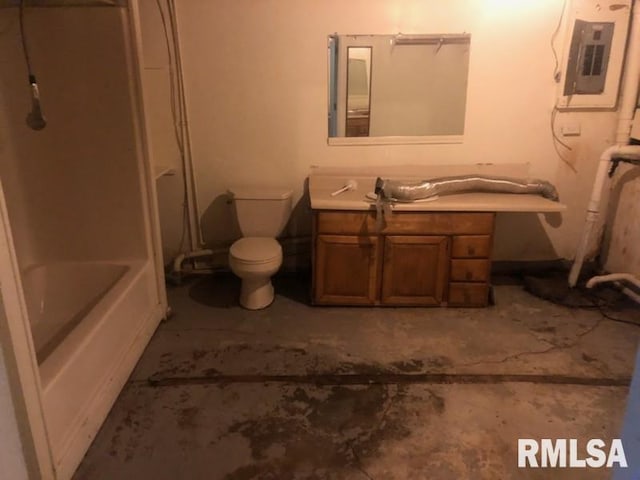 1522 Rim Rd, Quincy, IL 62305 - bathroom with electric panel, toilet, vanity, and unfinished concrete floors
