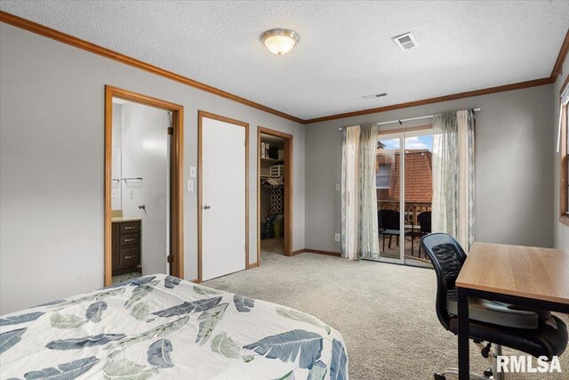 160 S Durkin Dr Unit 11, Springfield, IL 62704 - bedroom featuring carpet floors, access to outside, crown molding, an office area, and a textured ceiling