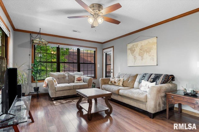 160 S Durkin Dr Unit 11, Springfield, IL 62704 - living area with wood finished floors, ceiling fan, a textured ceiling, and ornamental molding
