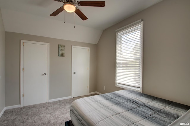 801 S 22nd St, Quincy, IL 62301 - bedroom featuring vaulted ceiling, carpet flooring, ceiling fan, and baseboards