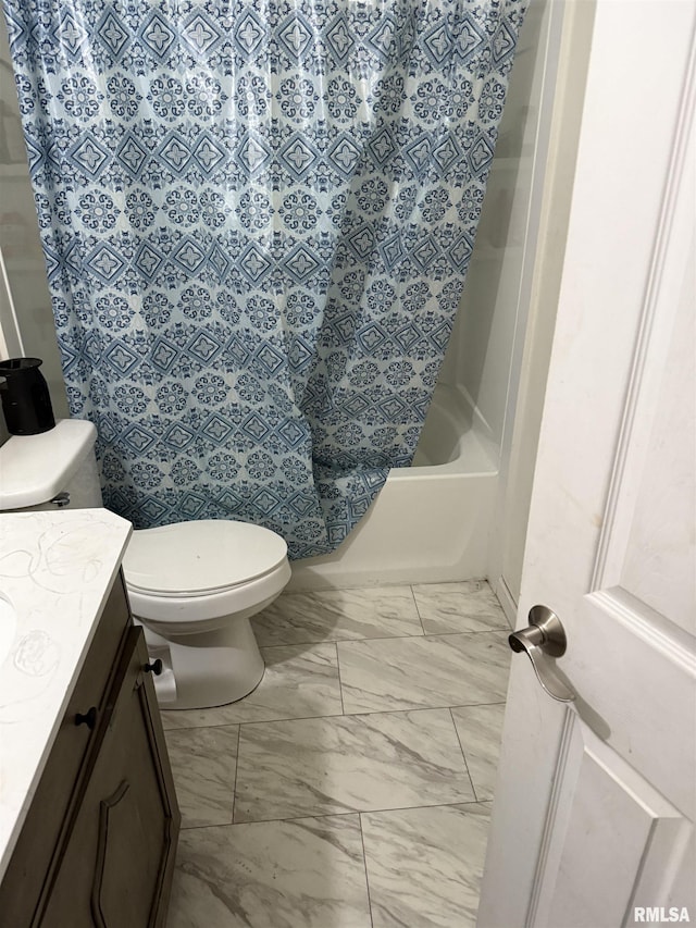 2853 Hoover Ave, Springfield, IL 62703 - full bath with marble finish floors, vanity, toilet, and shower / bath combination with curtain