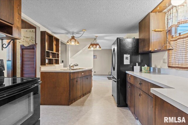 34831 Greenland Rd, Virden, IL 62690 - kitchen featuring black appliances, open shelves, a sink, light countertops, and a textured ceiling