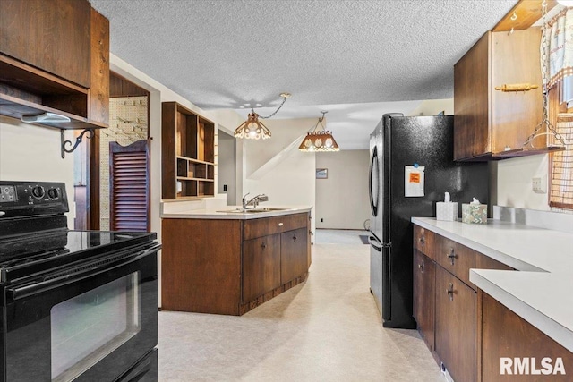 34831 Greenland Rd, Virden, IL 62690 - kitchen with black appliances, open shelves, a sink, light countertops, and a textured ceiling