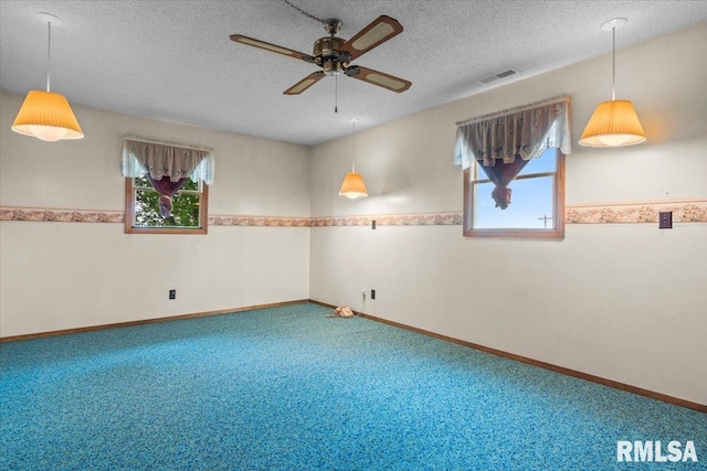 34831 Greenland Rd, Virden, IL 62690 - carpeted spare room with healthy amount of natural light, ceiling fan, a textured ceiling, and baseboards