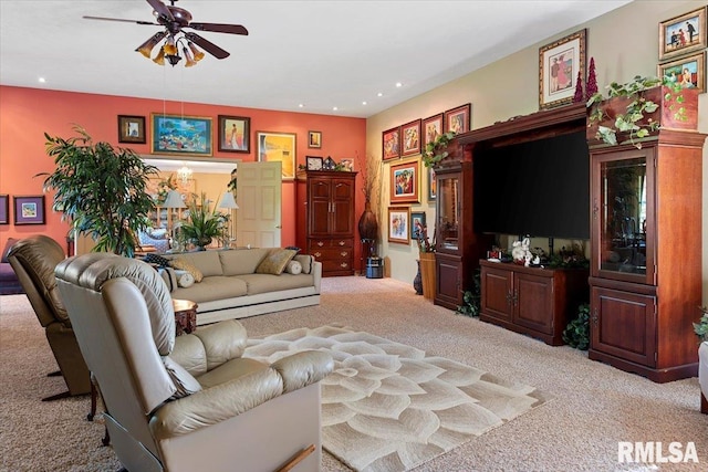 4 Nightingale Dr, Springfield, IL 62711 - living area with light carpet, a ceiling fan, and recessed lighting
