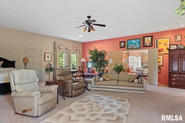 4 Nightingale Dr, Springfield, IL 62711 - living room featuring light colored carpet, a ceiling fan, and recessed lighting