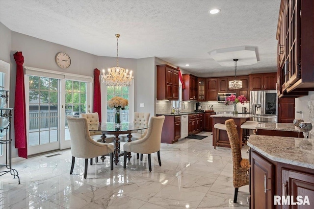 505 Clipper Rd, Springfield, IL 62704 - dining space with a chandelier, light marble finish floors, a textured ceiling, and recessed lighting