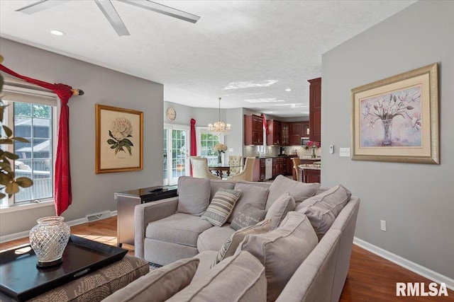 505 Clipper Rd, Springfield, IL 62704 - living room featuring ceiling fan, a textured ceiling, baseboards, dark wood finished floors, and recessed lighting