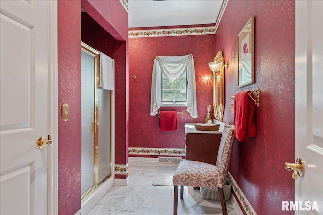 505 Clipper Rd, Springfield, IL 62704 - full bathroom with a shower stall, vanity, marble look tiles, and baseboards