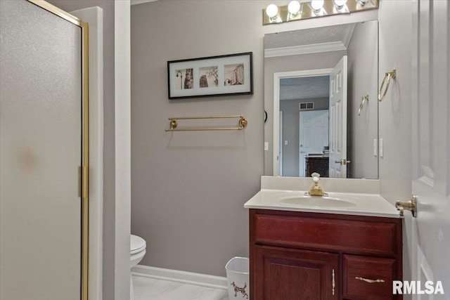 505 Clipper Rd, Springfield, IL 62704 - bathroom with toilet, a shower stall, vanity, crown molding, and baseboards