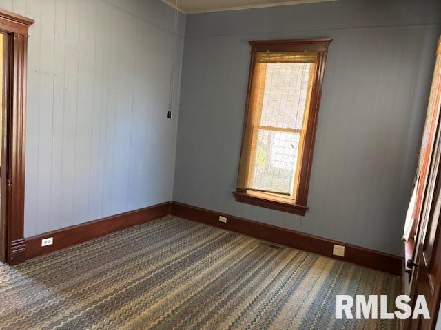 412 Pine St, Greenfield, IL 62044 - carpeted empty room featuring baseboards and wooden walls