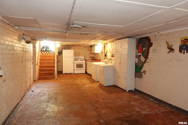 345 Division St, Galesburg, IL 61401 - unfinished basement featuring freestanding refrigerator, stairway, brick wall, and a sink