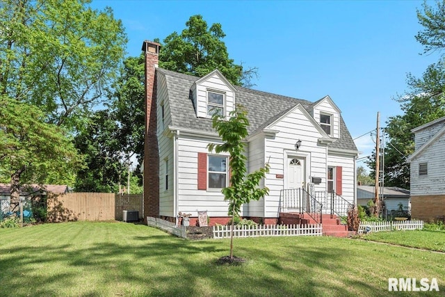 new england style home featuring central AC unit, a chimney, and roof with shingles