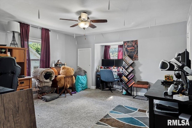 carpeted office with plenty of natural light and ceiling fan