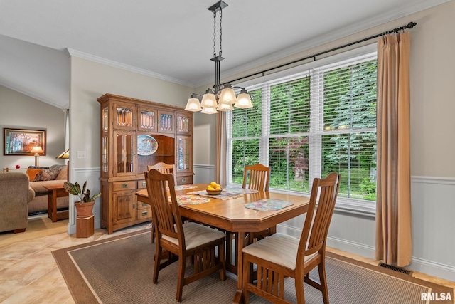 1625 Grace Ridge Rd, New Berlin, IL 62670 - dining room with a chandelier, ornamental molding, and wainscoting