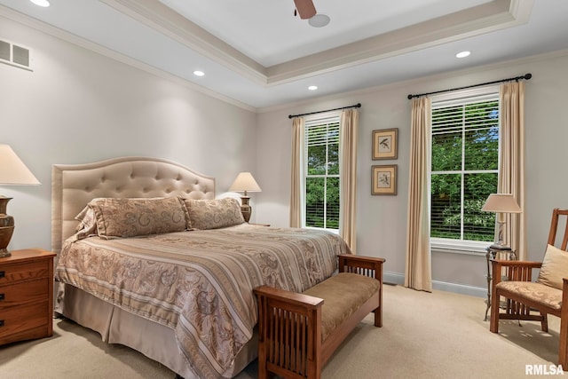 1625 Grace Ridge Rd, New Berlin, IL 62670 - carpeted bedroom featuring multiple windows, recessed lighting, baseboards, ornamental molding, and a tray ceiling
