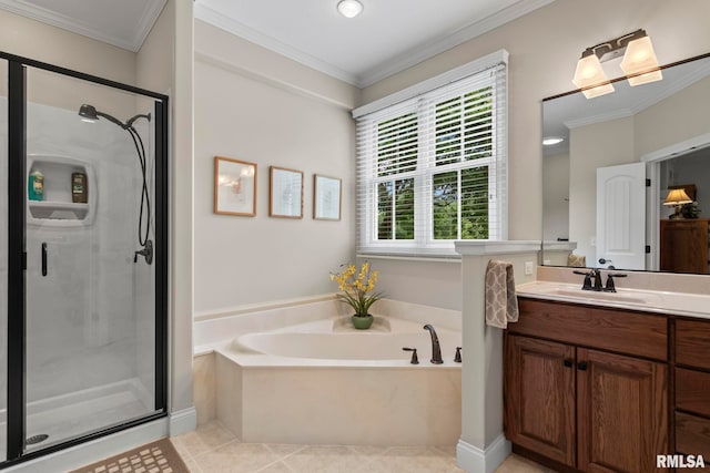 1625 Grace Ridge Rd, New Berlin, IL 62670 - full bathroom with a bath, a shower stall, vanity, ornamental molding, and tile patterned floors