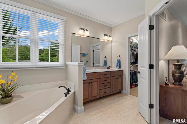 1625 Grace Ridge Rd, New Berlin, IL 62670 - full bathroom featuring double vanity, a garden tub, tile patterned floors, ornamental molding, and a spacious closet