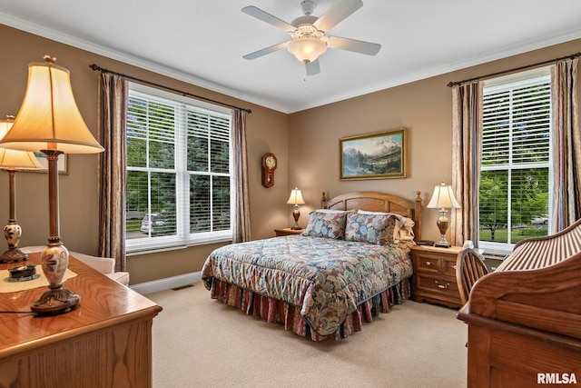 1625 Grace Ridge Rd, New Berlin, IL 62670 - bedroom featuring light colored carpet, multiple windows, crown molding, baseboards, and a ceiling fan