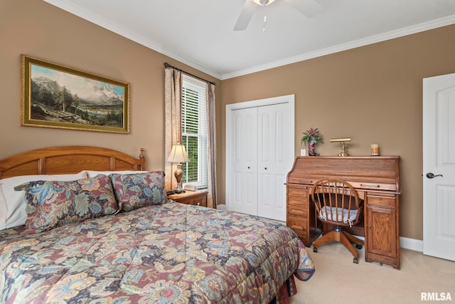 1625 Grace Ridge Rd, New Berlin, IL 62670 - bedroom featuring light colored carpet, ornamental molding, a closet, ceiling fan, and baseboards
