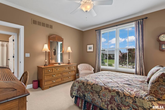 1625 Grace Ridge Rd, New Berlin, IL 62670 - bedroom with light colored carpet, ornamental molding, baseboards, and ceiling fan