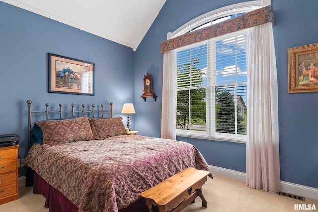 1625 Grace Ridge Rd, New Berlin, IL 62670 - bedroom featuring crown molding, lofted ceiling, light carpet, and baseboards