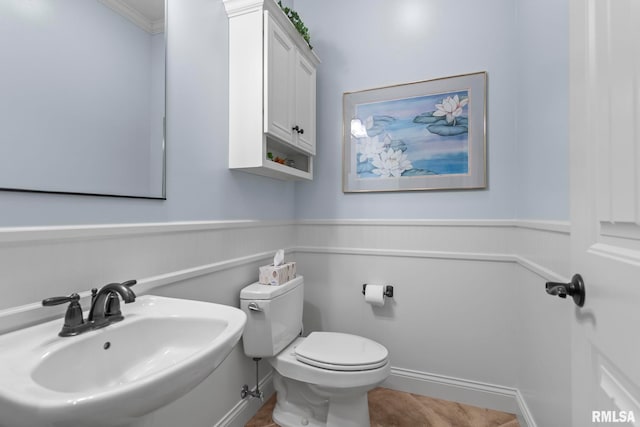 1625 Grace Ridge Rd, New Berlin, IL 62670 - bathroom featuring a sink, toilet, a wainscoted wall, and crown molding