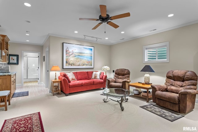 1625 Grace Ridge Rd, New Berlin, IL 62670 - living room with recessed lighting, light carpet, ceiling fan, ornamental molding, and baseboards