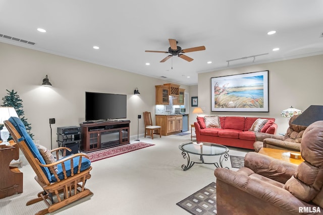 1625 Grace Ridge Rd, New Berlin, IL 62670 - living area featuring ornamental molding, recessed lighting, a ceiling fan, carpet flooring, and baseboards