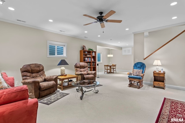 1625 Grace Ridge Rd, New Berlin, IL 62670 - living area featuring ornamental molding, a ceiling fan, carpet, recessed lighting, and baseboards