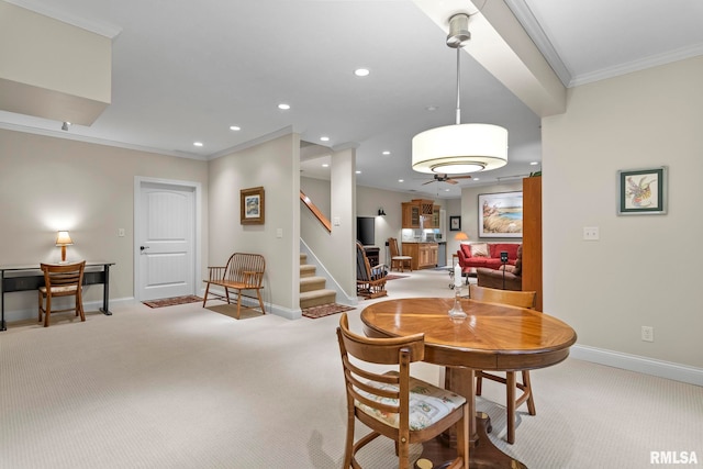 1625 Grace Ridge Rd, New Berlin, IL 62670 - dining room featuring crown molding, light colored carpet, baseboards, stairway, and recessed lighting