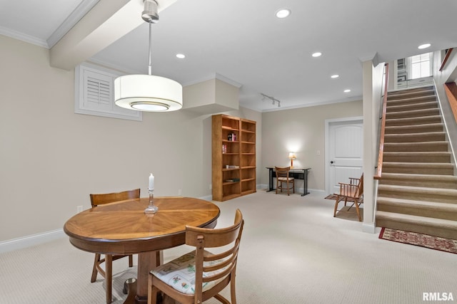 1625 Grace Ridge Rd, New Berlin, IL 62670 - dining room featuring carpet flooring, crown molding, recessed lighting, stairs, and baseboards