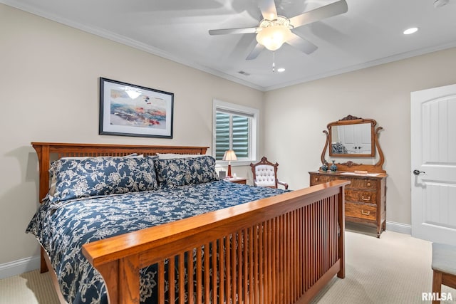 1625 Grace Ridge Rd, New Berlin, IL 62670 - bedroom featuring baseboards, crown molding, recessed lighting, carpet floors, and a ceiling fan