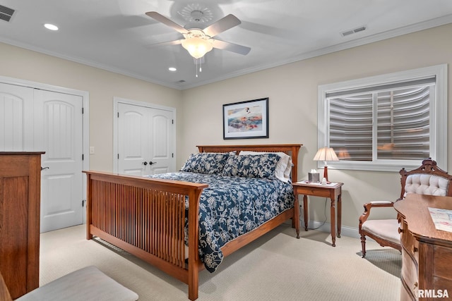 1625 Grace Ridge Rd, New Berlin, IL 62670 - carpeted bedroom with recessed lighting, ornamental molding, baseboards, and a ceiling fan