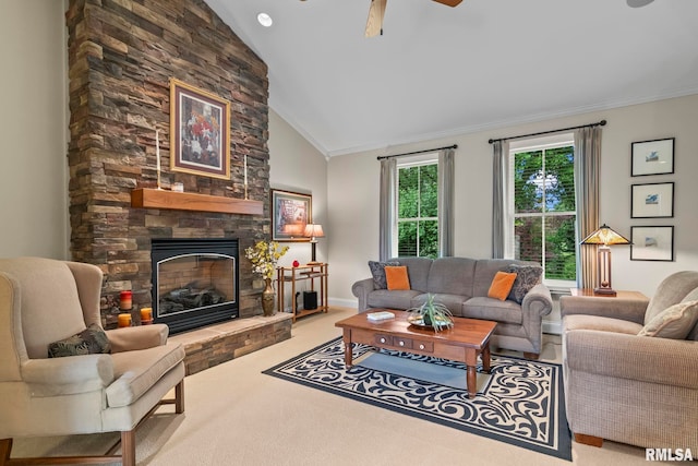 1625 Grace Ridge Rd, New Berlin, IL 62670 - living area with ornamental molding, vaulted ceiling, a stone fireplace, carpet, and ceiling fan