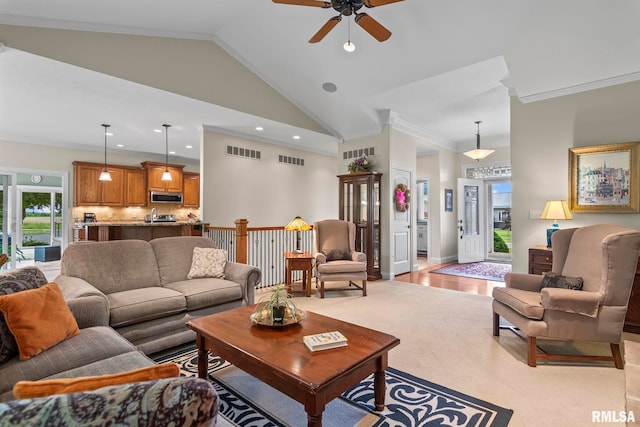 1625 Grace Ridge Rd, New Berlin, IL 62670 - living room featuring a ceiling fan, lofted ceiling, ornamental molding, and recessed lighting