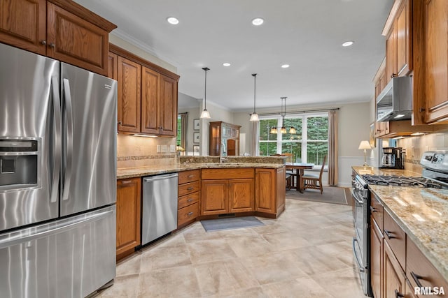 1625 Grace Ridge Rd, New Berlin, IL 62670 - kitchen featuring stainless steel appliances, crown molding, brown cabinetry, backsplash, and a sink