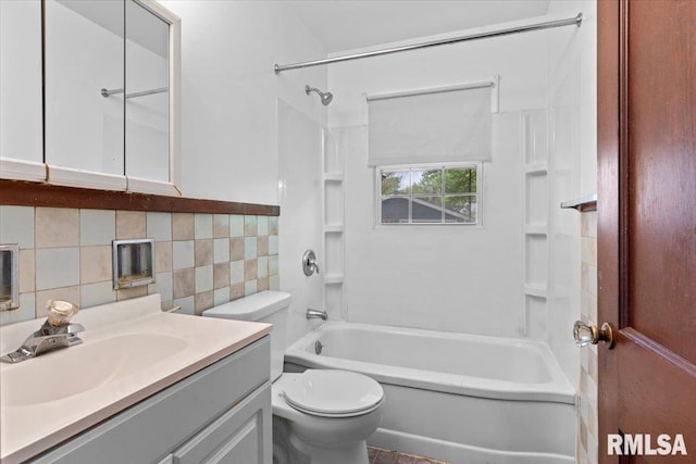 1816 S Street Ct, Springfield, IL 62703 - full bathroom with toilet, bathtub / shower combination, vanity, tile walls, and decorative backsplash