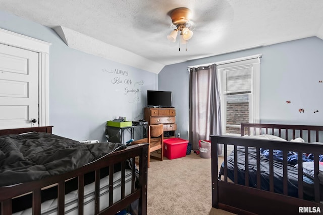 108 S Macarthur Blvd, Springfield, IL 62704 - bedroom featuring vaulted ceiling, carpet floors, a textured ceiling, and ceiling fan