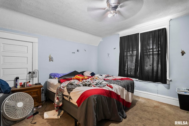 108 S Macarthur Blvd, Springfield, IL 62704 - bedroom with carpet, a textured ceiling, vaulted ceiling, baseboards, and a ceiling fan