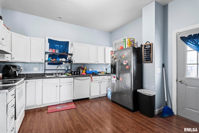 108 S Macarthur Blvd, Springfield, IL 62704 - kitchen featuring white appliances, a sink, dark wood-style floors, white cabinets, and dark countertops