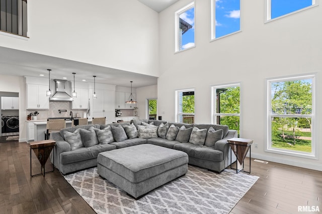 1915 Parthenon Ct, Chatham, IL 62629 - living area with a high ceiling, dark wood-style flooring, and baseboards