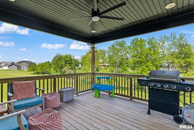 1915 Parthenon Ct, Chatham, IL 62629 - wooden deck with a ceiling fan, area for grilling, and view of scattered trees