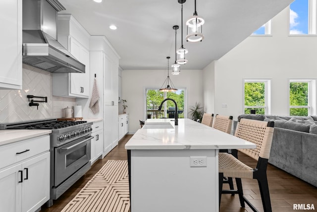 1915 Parthenon Ct, Chatham, IL 62629 - kitchen featuring stainless steel stove, wall chimney range hood, a sink, dark wood-style flooring, and backsplash