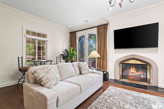 living area featuring ornamental molding, a glass covered fireplace, wood finished floors, plenty of natural light, and baseboards