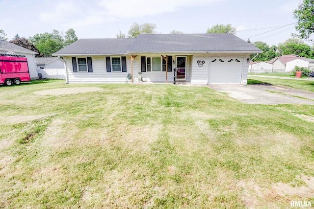 206 W N St, Assumption, IL 62510 - ranch-style home featuring an attached garage, a front yard, a porch, driveway, and a shingled roof