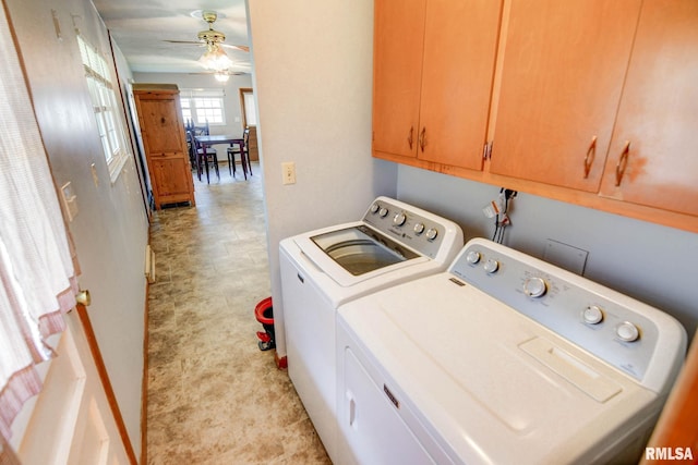 206 W N St, Assumption, IL 62510 - washroom with washing machine and clothes dryer, cabinet space, a ceiling fan, and light floors