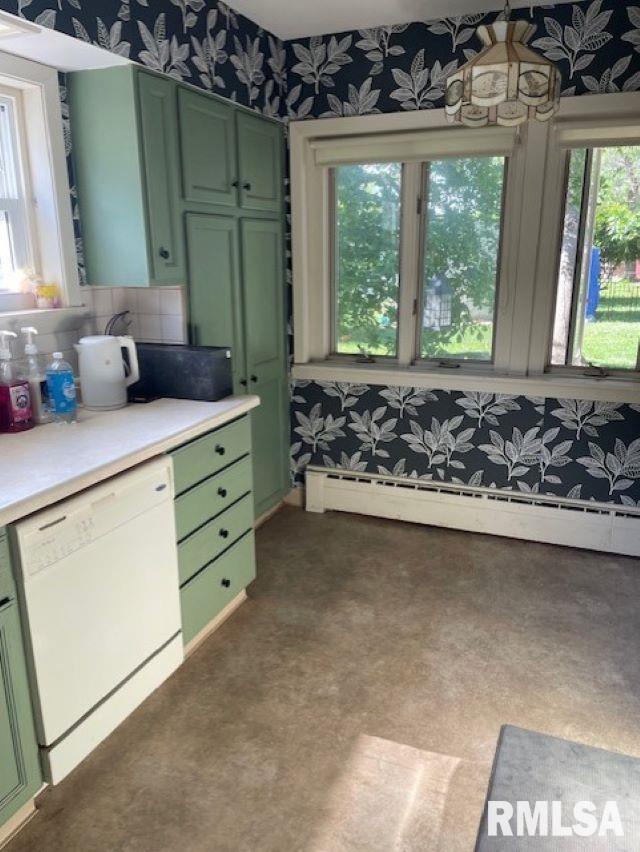 413 W Grant St, Pittsfield, IL 62363 - kitchen featuring green cabinetry, dishwasher, wallpapered walls, and light countertops