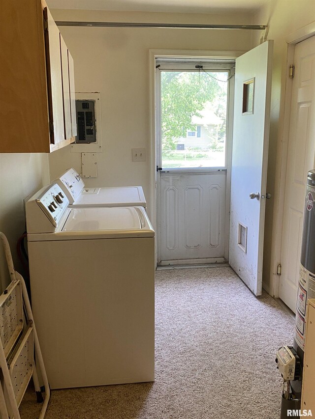 107 Locust Rd, Meredosia, IL 62665 - laundry area with washing machine and dryer, cabinet space, electric panel, and light carpet